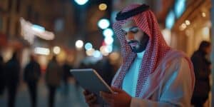man-traditional-arab-clothing-using-tablet-city-night-realistic-image