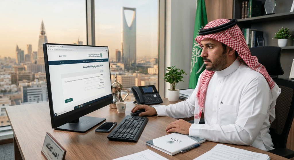 سعودى على مكتب يحاول إلغاء التسجيل في ضريبة القيمة المضافة على الكمبيوتر