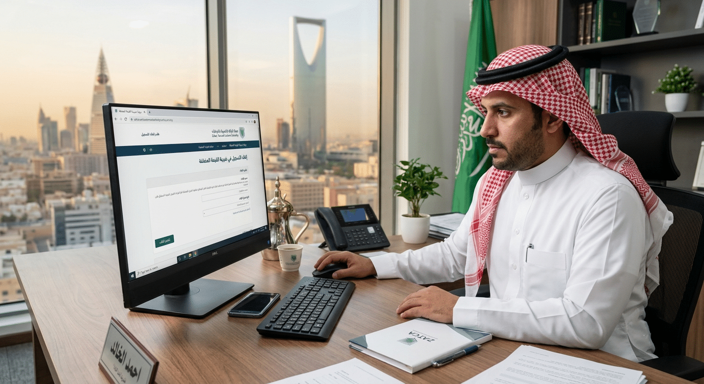 سعودى على مكتب يحاول إلغاء التسجيل في ضريبة القيمة المضافة على الكمبيوتر