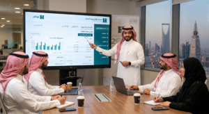 شرح منصة قوائم وزارة التجارة 2026 | خطوات التسجيل والإيداع المالي 3 محاسب سعودي فى إجتماع يعمل علي شرح منصة قوائم وزارة التجارة