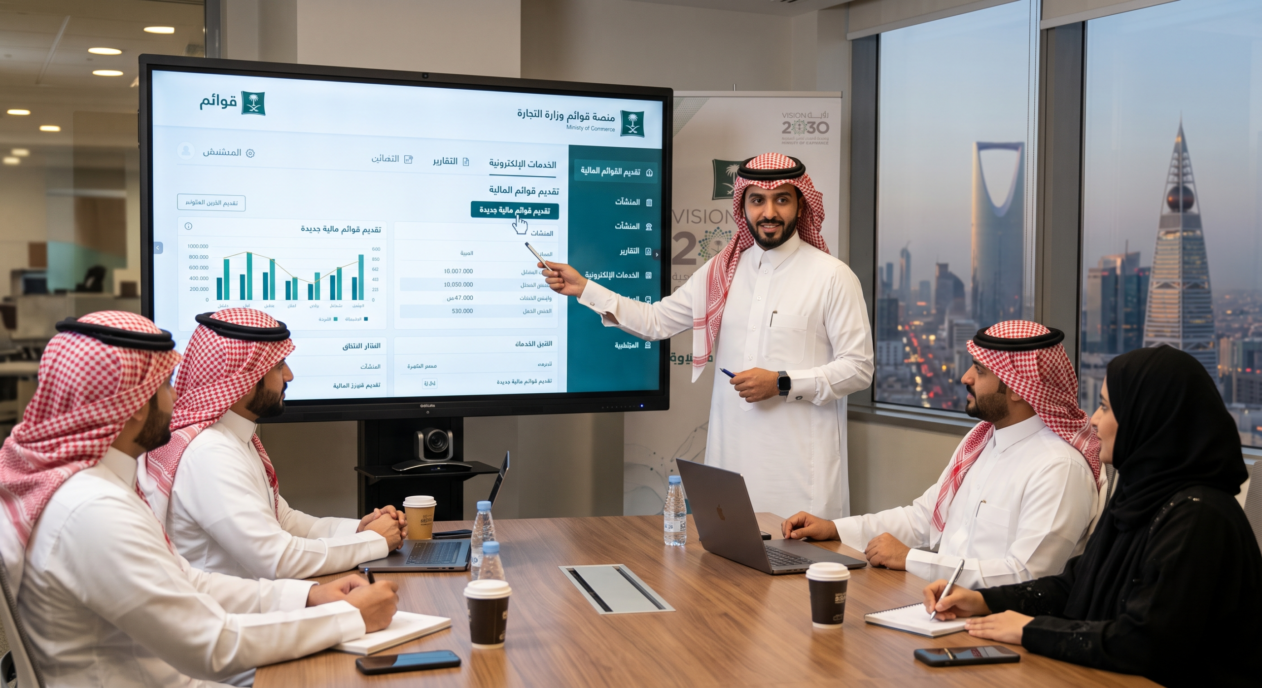 محاسب سعودي فى إجتماع يعمل علي شرح منصة قوائم وزارة التجارة